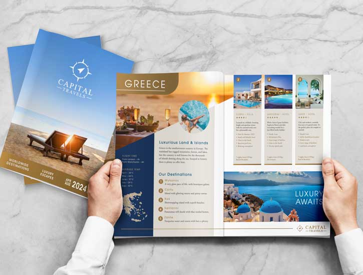 Prospectus brochure for travel company with glossy full color images.