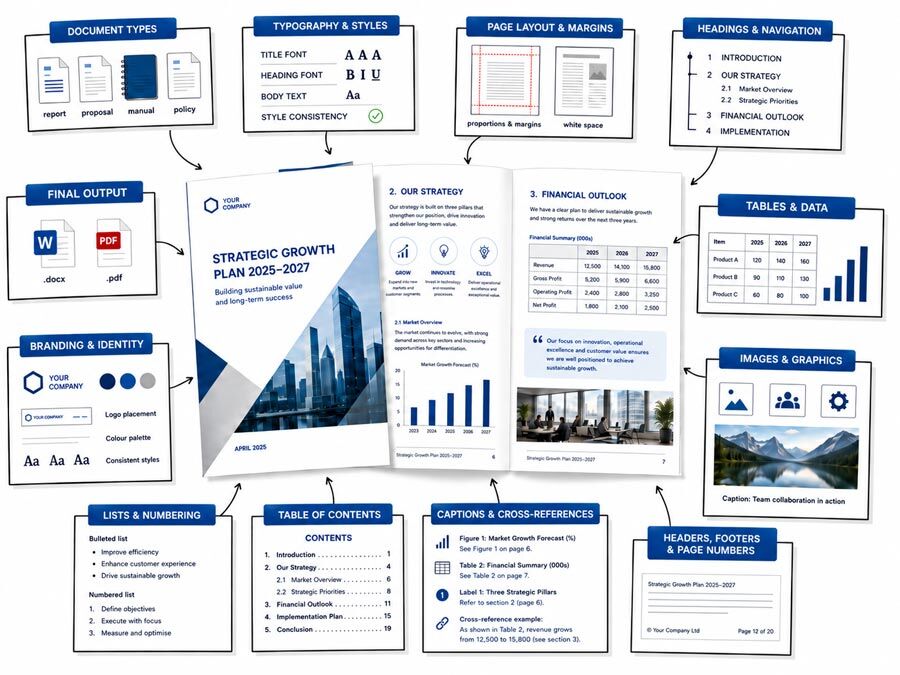 Document formatting process showing a rough document transformed into a polished business document