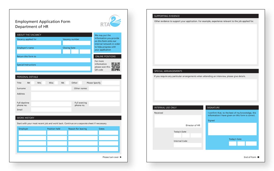 Employment application form designed with tickboxes, text fields and digital ID signature.